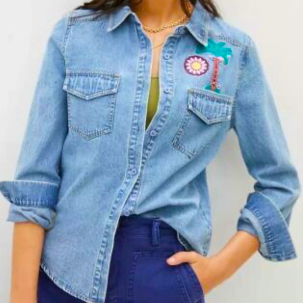 Mare Mare x Anthropologie Cecily Embroidered XS Denim Chambray Buttondown Jacket